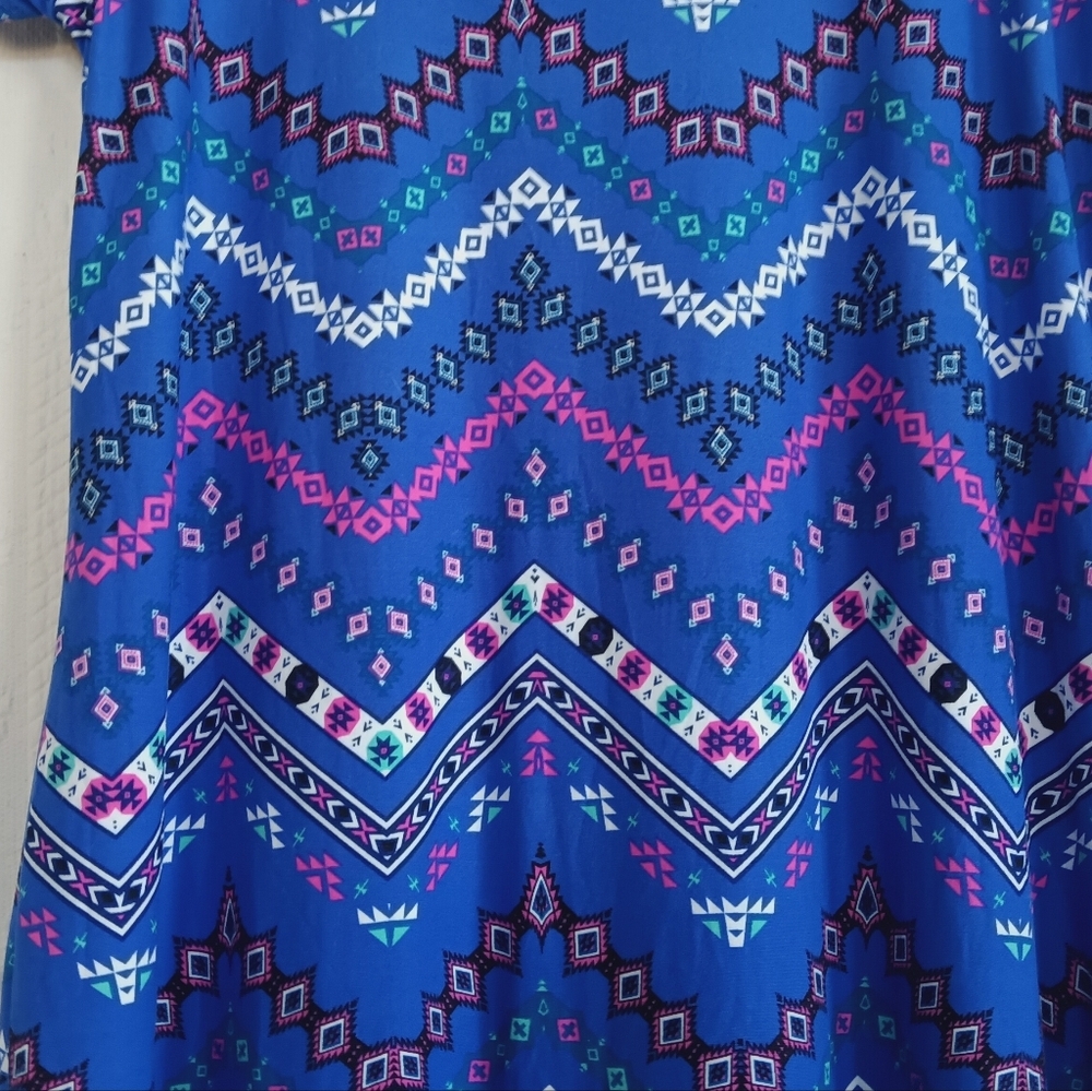 Bobbie Brooks Blue Maxi T Shirt Dress Tribal Western Bohemian Colorful Zig Zag - Picture 4 of 9